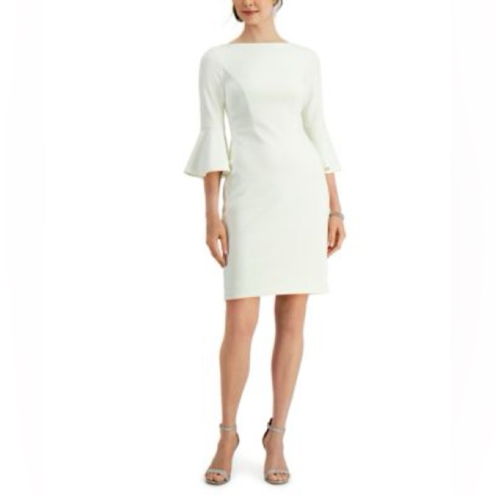 Calvin Klein White Boatneck 3/4 Bell Sleeve Sheath Dress with Metal Zipper